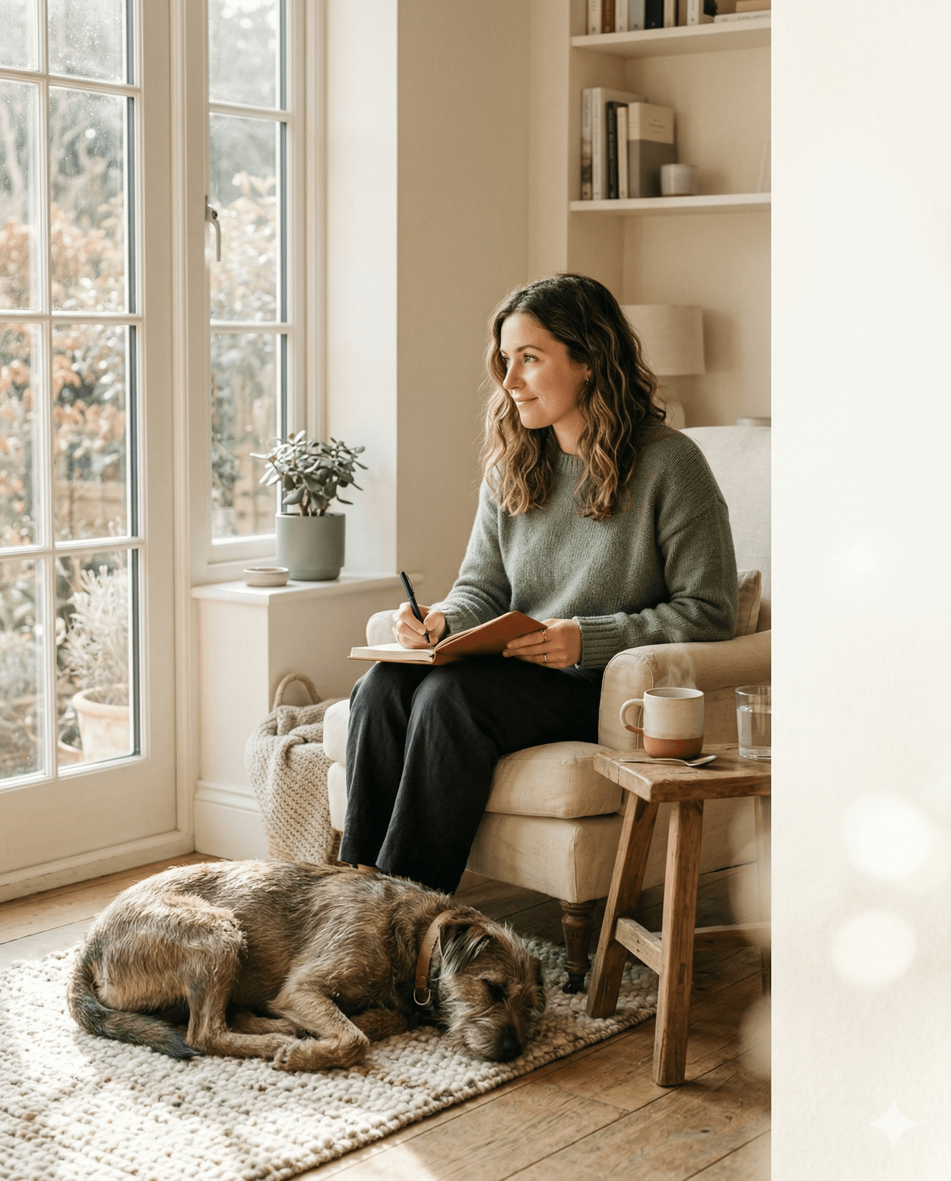 Owner journaling while a rescue dog rests nearby in warm window light