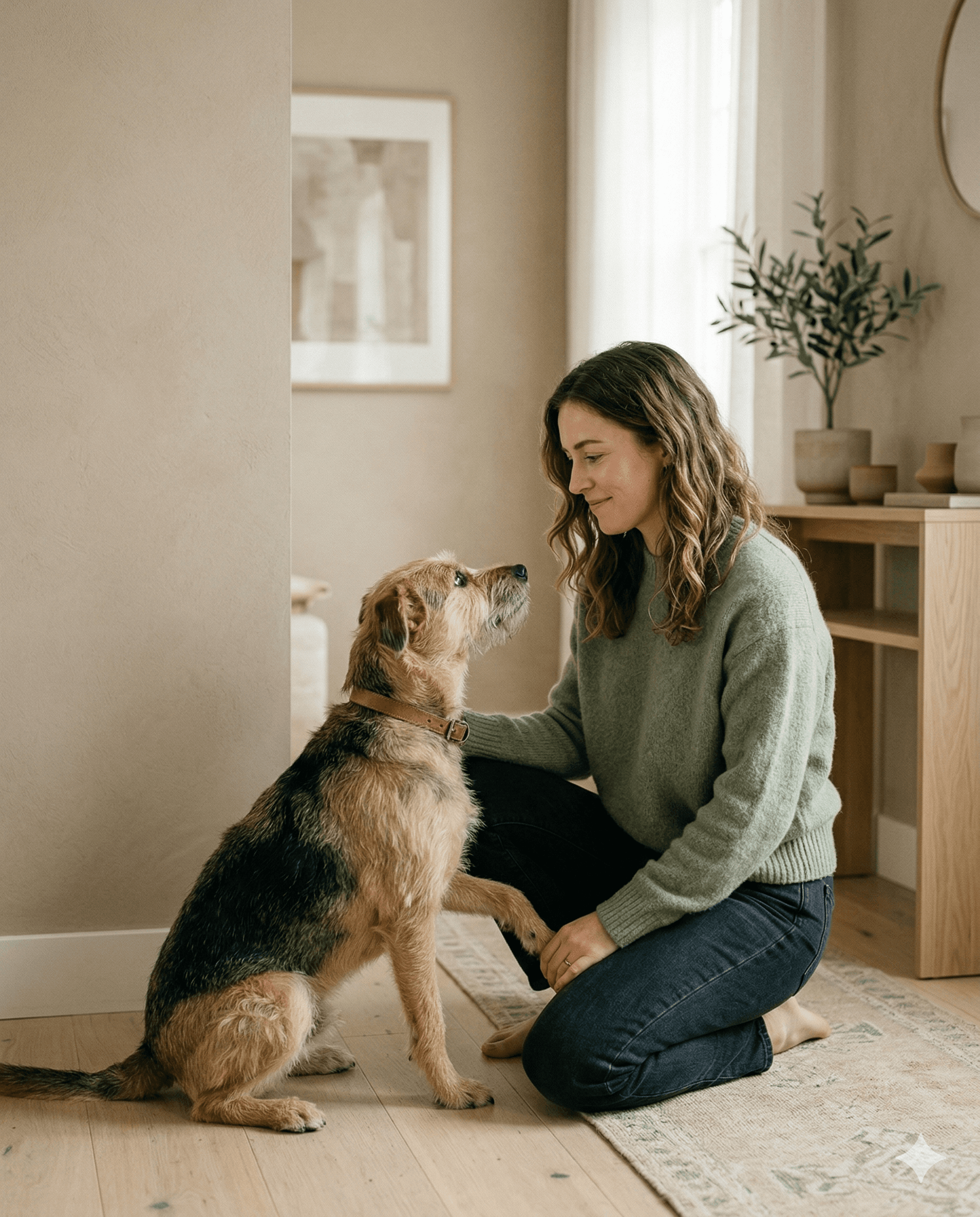 Owner and rescue dog sharing a calm bonding moment at home