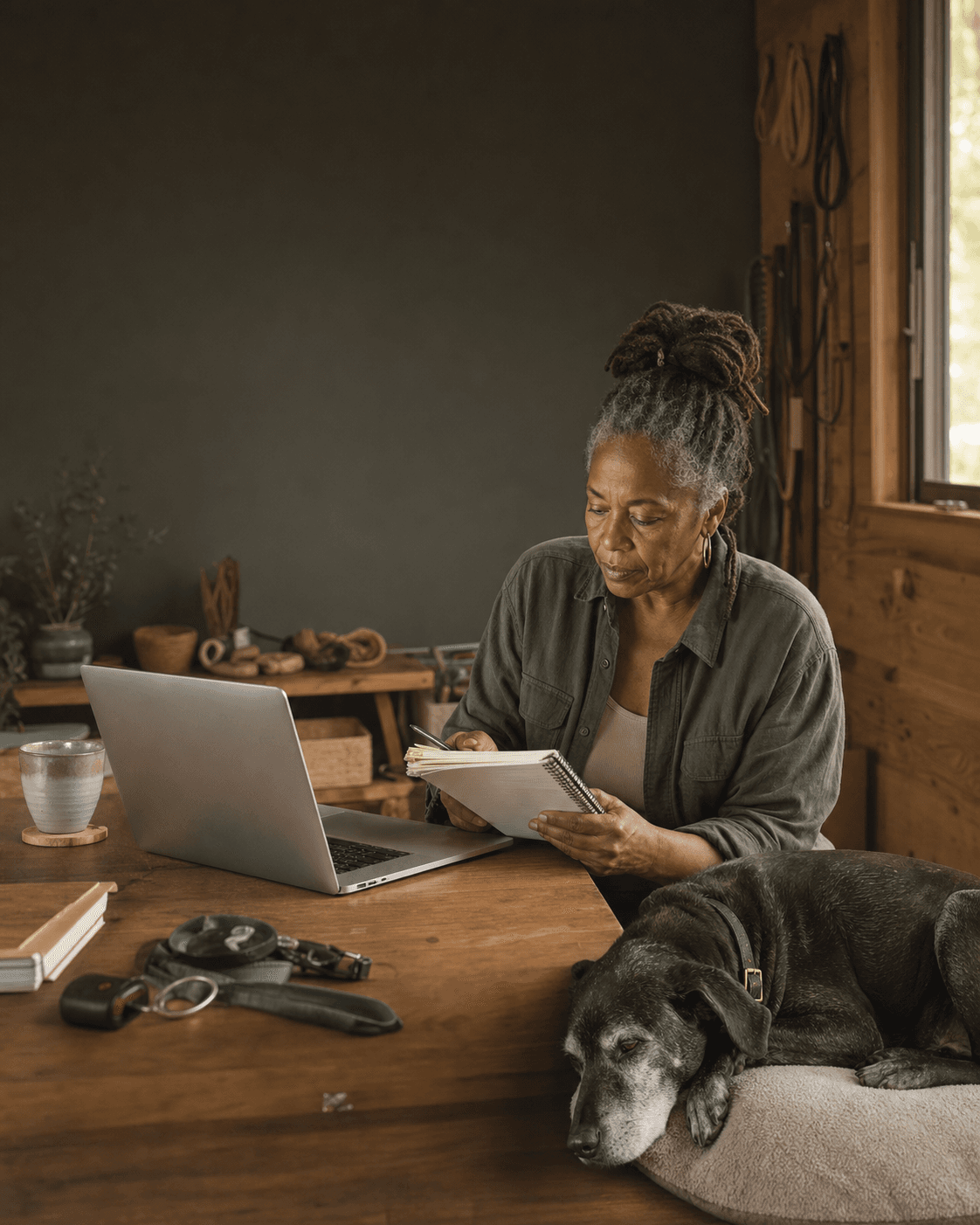 Owner journaling while a rescue dog rests nearby in warm window light