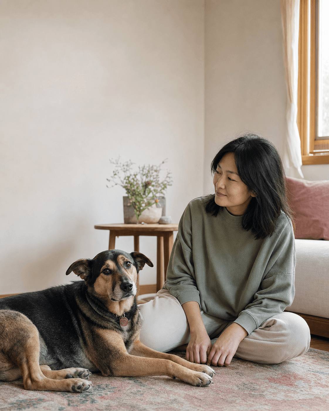 Owner and rescue dog sharing a calm bonding moment at home